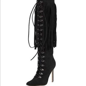 Manila Blahnik Knee High lace up, fringe boot